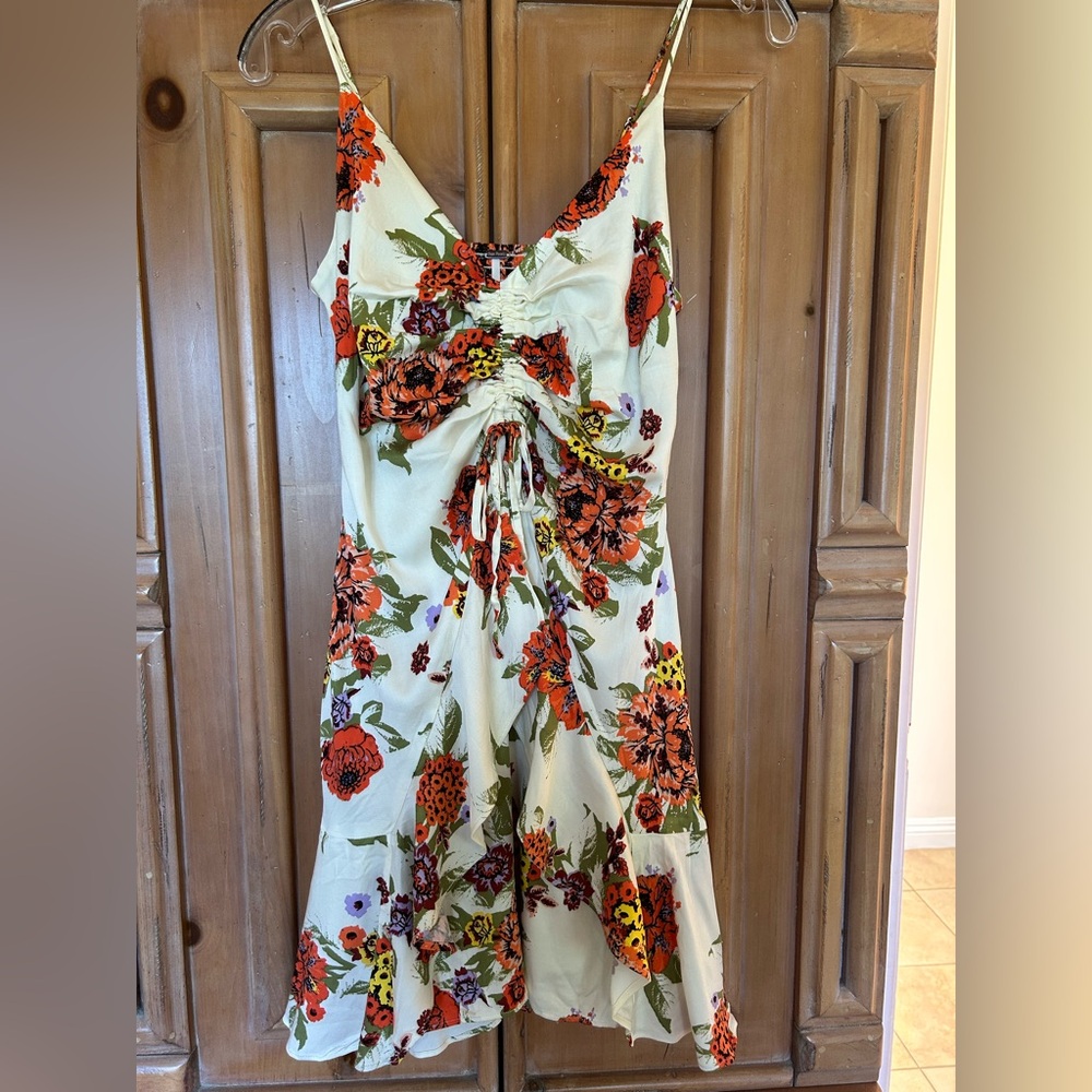 floral sundress, ivory/orange/green floral print, reversible, Size S/P
